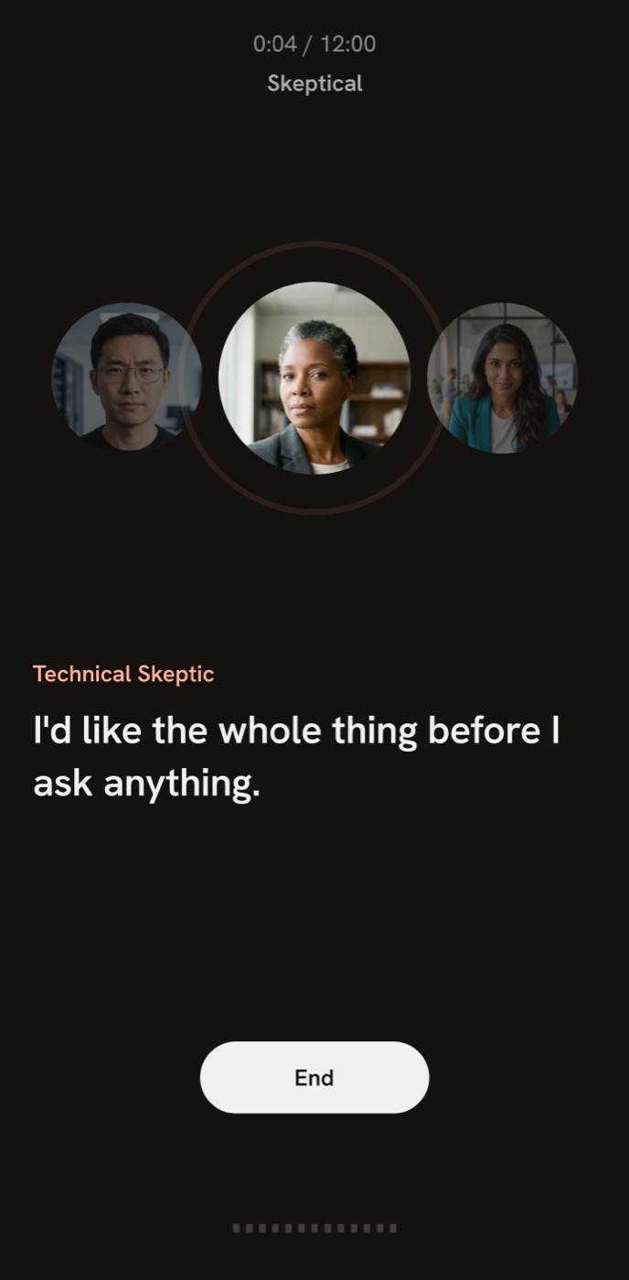 A live interrogation: the Technical Skeptic asking a question, the clock at 0:04 of 12:00, the room reading Skeptical